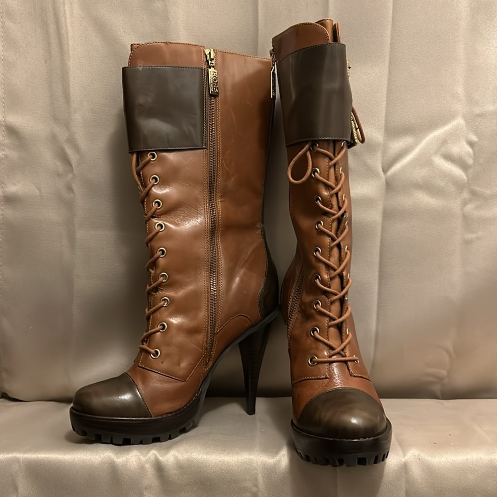 Women’s Michael Kors Cognac Lace Front Military Style High Heel Lthr. Boots Sz.7